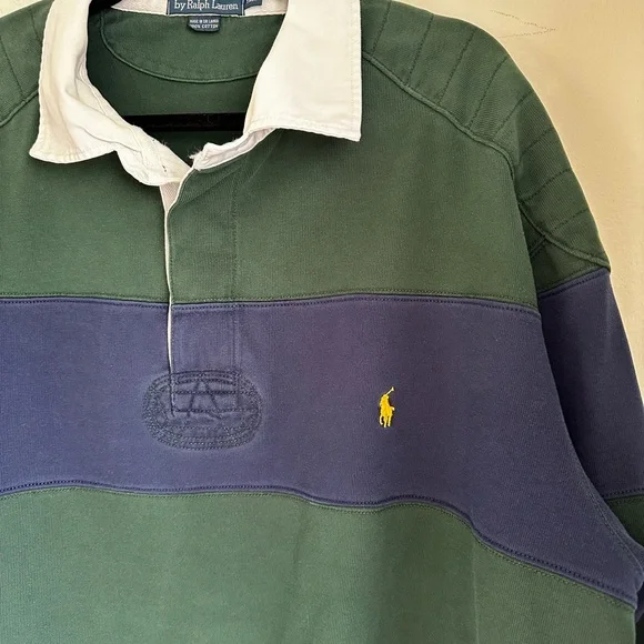 Vintage Polo by Ralph Lauren Hunter Green and Navy Rugby Shirt | Men’s 3XLT - Picture 2 of 5